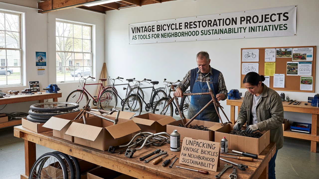 Restored vintage bicycles lined up outside a community center with participants discussing routes and maintenance schedules